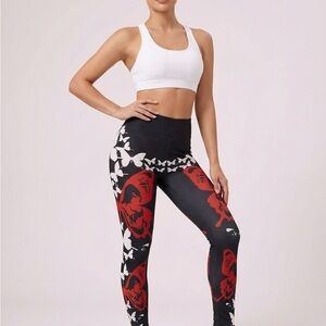 Universal Standard Black Leggings with Red Floral & White Butterfly Print